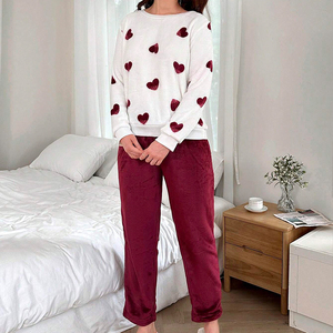 Flannel khối màu in hình trái tim dài tay áo Bộ đồ ngủ dày Bộ Mùa thu mùa đông ấm áp phụ nữ quần áo nhà - Product Image 3