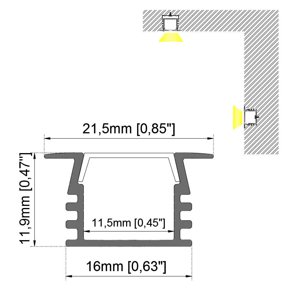 16x12mm alçı led ekstrüzyon alüminyum kanal profil gömme alçıpan için kartonpiyer