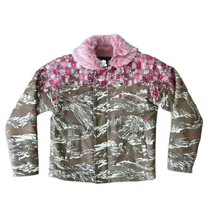 DiZNEW Custom high quality winter fur lined printed thermal jacket men's lapel camo jacket short