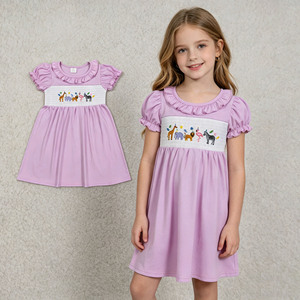 Robe d'été en coton smockée pour petites filles, motif animaux du zoo, « Grande sœur, Fille de papa », Joyeux anniversaire, coupe trapèze, vente en gros - Product Image 1