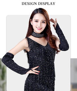 Robe de <span class=keywords><strong>danse</strong></span> latine à col en V et bretelles spaghetti, ensemble 3 pièces pour dame, sexy, <span class=keywords><strong>classique</strong></span>, de couleur noire - Product Image 5