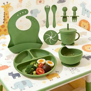 Ensemble de vaisselle pour bébé en silicone de qualité alimentaire, design classique personnalisé, écologique, non toxique, comprenant assiette, bol, cuillère, fourchette, pour les repas - Product Image 5