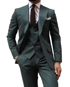 Klassische Marke Dunkelgrün Herren Anzüge Streifen Herren Blazer Slim Fit Hochzeit Männlich Bräutigam Smoking Prom Jacke Hosen Weste 3 Stück Anzüge