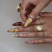 Ongles en acrylique à presser, motif écaille de tortue, rayures de tigre, fleurs, chaîne de perles dorées, forme amande longue, personnalisable, estampage doré