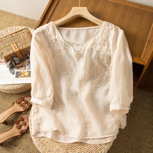 Women's Embroidered Cotton Linen Top Loose Fit Three Quarter Sleeves Vintage Style Casual Blouse Breathable Summer Wear - Product Image 2