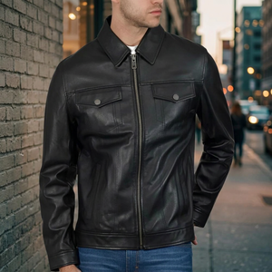 Veste moto en cuir véritable pour homme, col rabattu, fermeture éclair, couleur unie, coupe classique, pour l'automne - Product Image 4