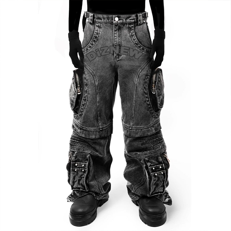 DiZNEW Wholesale Men Custom Logo Jeans Plus Size Top Quality Multi Pocket Baggy Men's Jeans