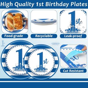 Assiettes jetables de haute qualité fournitures de fête à thème bleu bébé garçon joyeux 1er <span class=keywords><strong>anniversaire</strong></span> fête vaisselle fournitures de décoration - Product Image 2