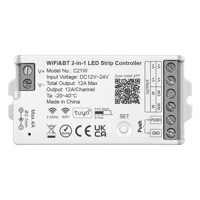 LAIMI WIFI 2-in-1 LED Light Strip Controller Wireless Control 12A Output 30M Range for Dimming Warm/Cold White 3-Year Warranty