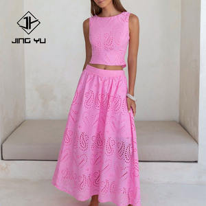 Conjunto de Dos Piezas: Top Sin Mangas con Cuello Redondo y Vestido Bordado con Aberturas, Diseño de Fábrica, Vestido de Rayón de Alta Calidad - Product Image 1