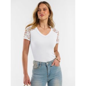 Camiseta básica ajustada de punto acanalado con encaje y cuello en V de manga corta para mujer, ropa informal de verano - Product Image 2