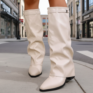 Nuevas Botas de Moda Estilo Británico Transfronterizo con Tacón Cuadrado Plisado, Punta en Pico, Altura hasta la Rodilla, con Cordones, Talla Grande, para Invierno - Product Image 1