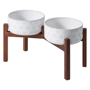 Shamitao Bol en céramique écologique pour animaux de compagnie Distributeur de nourriture et d'eau à motif de flocon de neige durable avec support en bois pour chiens et chats - Product Image 1