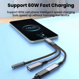 PD 60W Type C à Double Type C 3.5mm <span class=keywords><strong>Casque</strong></span> et Chargeur Adaptateur 3 en 1 USB C vers AUX Audio Jack Dongle Câble pour <span class=keywords><strong>Samsung</strong></span> Phone16 - Product Image 2