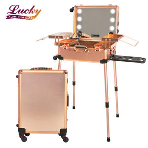 Oro rosa di <span class=keywords><strong>Trucco</strong></span> Treno <span class=keywords><strong>Valigia</strong></span> Illuminato di Rotolamento di Viaggio Cosmetic Organizer caso con 3 Colori Chiari - Product Image 1