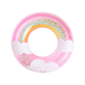 Inflatable Swim Ring With <b>Sequins</b> Cloud <b>Rainbow</b> Design For Children Swimming Pool Float - Product Image 1
