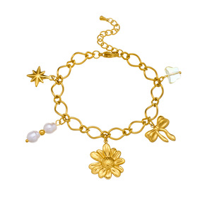 Bracelet en acier inoxydable plaqué or 18 carats pour femmes avec perle étoile marguerite fleur noeud style tendance pour cadeaux bouddhistes - Product Image 4