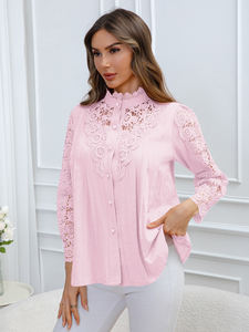 Blusa de Encaje Elegante y Sencilla Estilo Coreano para Mujer, Primavera/Verano 2026, 100% Algodón, Manga Larga, Tejida, Disponible en EE. UU. - Product Image 2