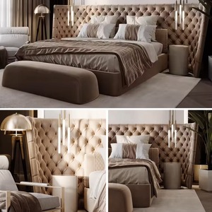 Ensemble de meubles de chambre à coucher de luxe italien, lit king size, tête de lit capitonnée en velours, ensemble de lit double - Product Image 4