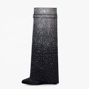 Lock Shark Wedge Heels Overlay Long <b>Boots</b> Knee High Booties Women Round Toe Bling Diamonds Pants Shoes for Lady - Product Image 1