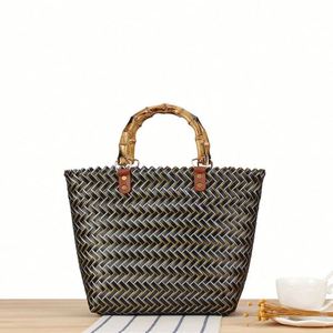 Sac fourre-tout d'été vintage pour femme en rotin tressé, sac de plage en bambou pur fait main - Product Image 1