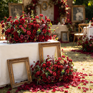 Bouquet de mariage vintage en soie, arrangement floral rouge bordeaux, roses réalistes et plantes vertes mélangées, 70 cm, pour allée centrale - Product Image 1