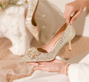 Luxury Shiny for Women Wholesale Custom Female High <b>Heels</b> Bridal Bridesmaid <b>Heel</b> Sandals Gold Dress Shoes - Product Image 5