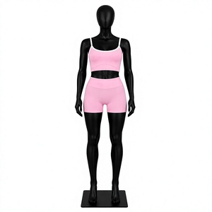 <b>Pink</b> Seamless Yoga Set Spaghetti Strap <b>Crop</b> <b>Top</b> High Waist Shorts 2 Piece Solid Elastic Waist Women's Fitness Wear - Product Image 1