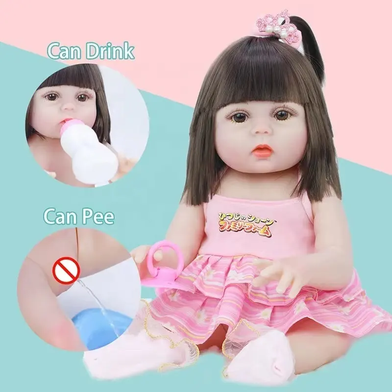 Adorável 22 Polegada Criança 3 Meses Velha Menina de Corpo Inteiro Silicone Chorando Pee Reborn Baby Dolls Para Crianças Presente