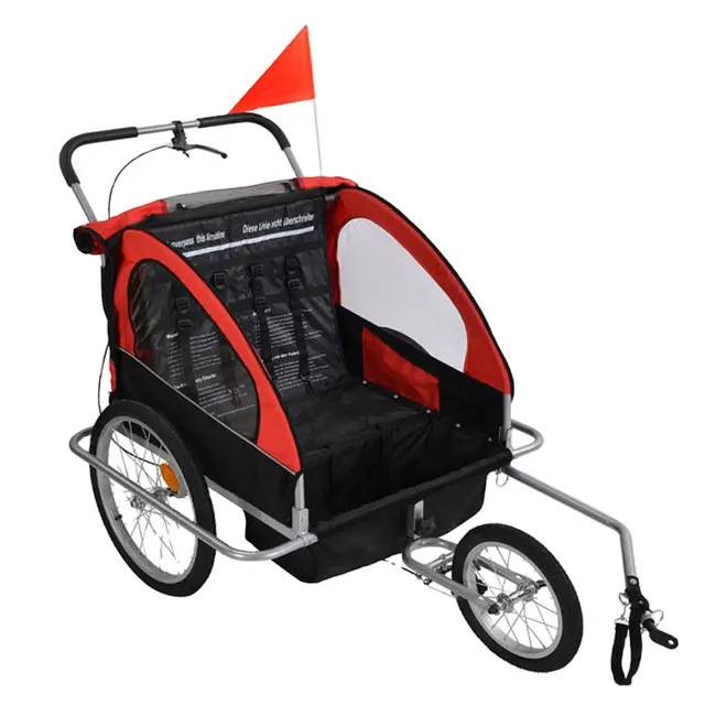 2-in-1 Double 2 Seat Bicycle Trailer Jogger Strollerwith Handle Bar and Wheels Bike Hitch Safety Flag Foldable Bike Traile