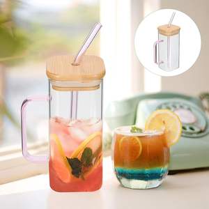 Gobelet en verre carré moderne avec couvercle en bambou et paille réutilisable 400 ml, compatible micro-ondes, couleurs personnalisables, logo personnalisé, pour toutes les saisons - Product Image 4