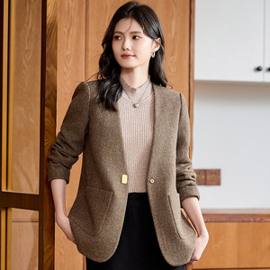 Women's Wool Blazer <b>Coffee</b> Color Herringbone Pattern Loose Fit Autumn Winter Casual Jacket With <b>Pocket</b> No-Wrinkle Treatment - Product Image 1