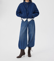 Blouson bomber en jean bleu foncé pour femme, col montant, fermeture éclair, ourlet élastique, veste courte décontractée en jean pour le printemps et l'automne