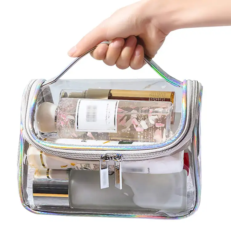 Organizador de viaje de plástico con logotipo personalizado para mujer, conjunto de maquillaje de Pvc transparente con cremallera transparente, bolsa de almacenamiento de cosméticos