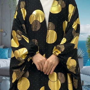 Luxury New Gold Circle <b>Print</b> Design Elastic Cuff Big Batwing Sleeves Rhinestone Polyester Women Open Abaya 1442# - Product Image 2