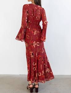 <span class=keywords><strong>Robe</strong></span> longue vintage rouge à fleurs en mousseline pour femme, manches cloche, col en V, fente haute, <span class=keywords><strong>style</strong></span> bohème, idéale pour les vacances - Product Image 3