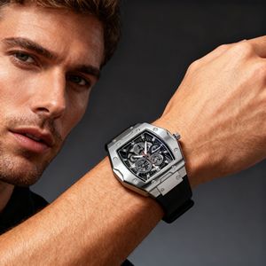 Reloj de Cuarzo para Hombre con Esfera Hueca Estilo Barril de <span class=keywords><strong>Vino</strong></span>, Correa de Silicona Impermeable, Diseño Moderno para Negocios, Modelo KW602 - Product Image 1