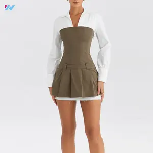 Custom White Plain Long Sleeve Pleated Mini Sexy Lady Shirt Dress For Women