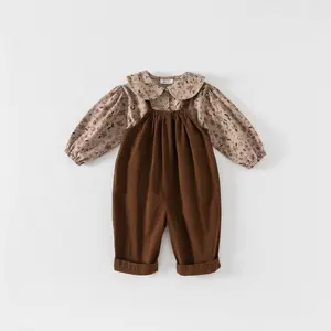 Vente en gros 100% coton mode printemps automne hiver cassé fleur poupée col sangle pantalon enfant bambin fille ensemble de vêtements