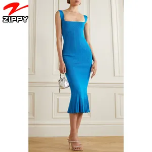 Midi针织连衣裙蓝色优雅女性性感紧身连衣裙宽肩带折叠下摆简单连衣裙设计