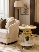 Table d'appoint moderne en pierre frittée, base en fer courbé couleur or champagne, étagère de rangement inférieure, mobilier de salon, directement de l'usine