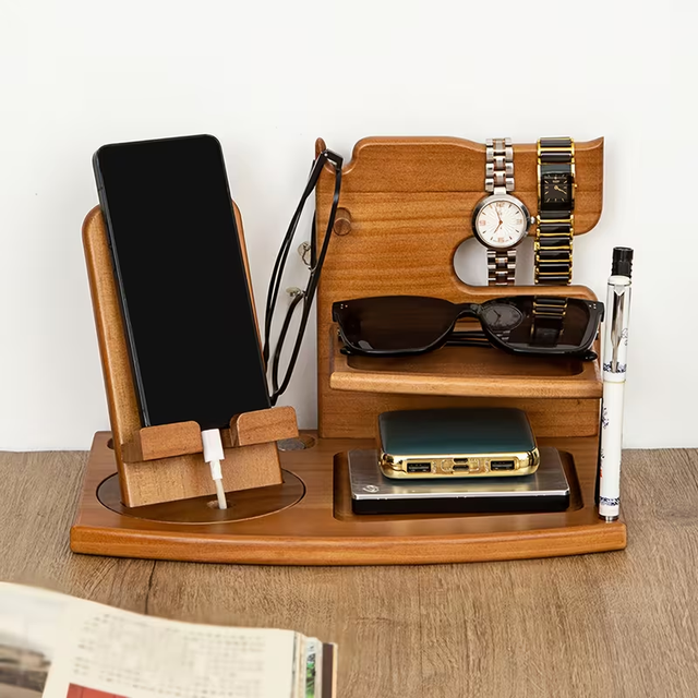 Retro Wooden Storage Rack with Phone Holder Wooden Desk Organizer Charging Stand Storage Rack for Phone Watch Desk Organization