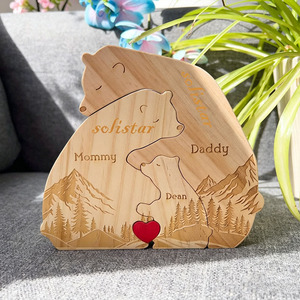 Regalo di inaugurazione casa personalizzato, decorazione rustica con nome di famiglia, puzzle in legno con <span class=keywords><strong>nomi</strong></span> personalizzati, ricordo di famiglia con orso. - Product Image 2