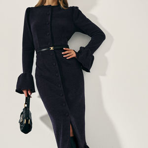 2025 <span class=keywords><strong>in</strong></span> <span class=keywords><strong>maglia</strong></span> tinta unita Button-Up con volant <span class=keywords><strong>svasato</strong></span> ufficio autunno abito nero donna abiti lunghi donna - Product Image 1