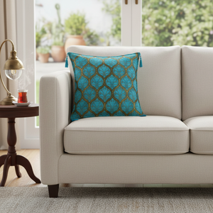Turquoise <b>Peacock</b> - Peafowl Designed Turkish Chenille Fabric <b>Cushion</b> Cover Pillow - Product Image 3