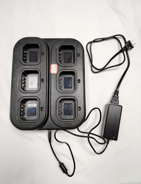 Full Set of 6 Handheld Walkie Talkie Two-Way Radios with Seat Charging VHF UHF 6 Connected Battery Chargers Included