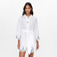Nouvelle Robe Chemise Courte Midi Bohème Personnalisée pour Femme, Blanche, à Manches Longues, avec Broderie Paisley, Bordure en Dentelle, Boutonnée et Ceinture à Nouer