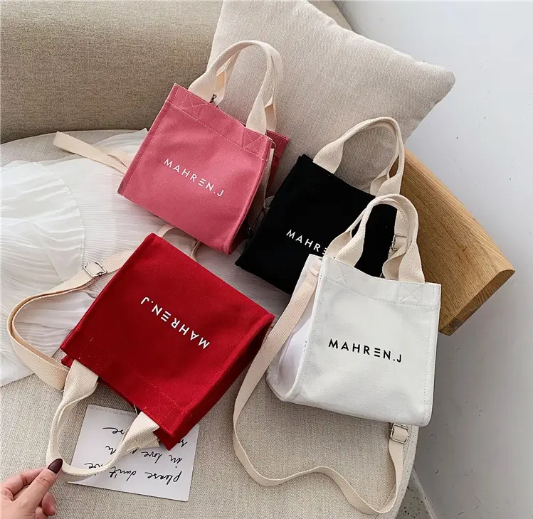 wholesale small woman cotton canvas shopping tote messenger bag with custom printed logo