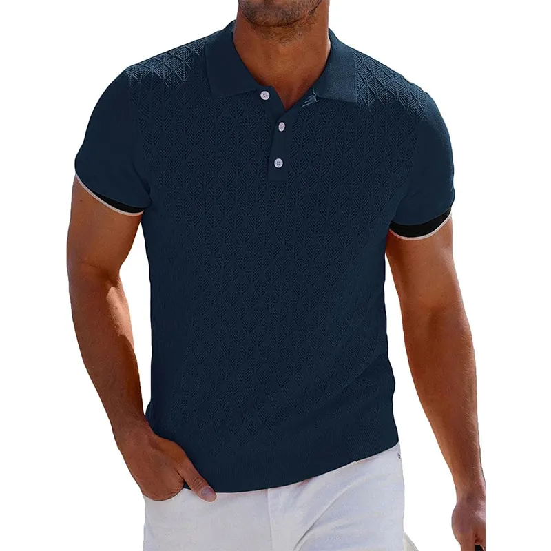 Ropa de verano para hombre, Camiseta de punto suave transpirable en blanco, camisetas polo con estampado personalizado, cuello en V, manga corta, secado rápido, azul