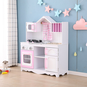 Cuisine en bois pour jeu de rôle avec rideau, robinet, évier, brûleur et four pour enfants - Rose - Product Image 1